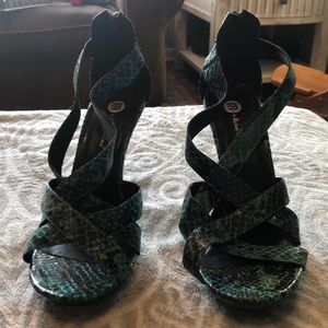 Blue snake skin stiletto sandals